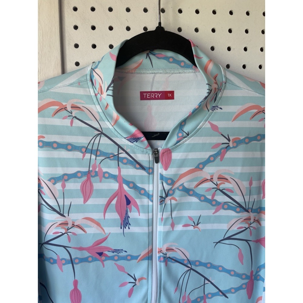 Terry Women's Cycling Jersey 1X Blue Pink Graphic Floral Half Zip Short Sleeve - Picture 3 of 5